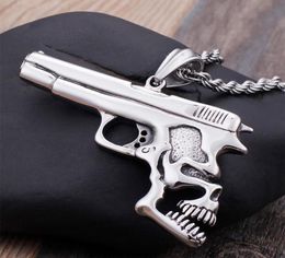 Hip Hop Skull Pistol Shape Pendant Necklace Men Stainless Steel Rope Chain Punk Gothic Biker Jewelry Drop Store Necklaces9496645