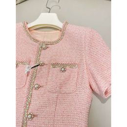 2022 Autumn Round Neck Tweed Panelled Weave Dress Pink Short Sleeve Pockets Single-breasted Casual Dresses A2O256288 macai