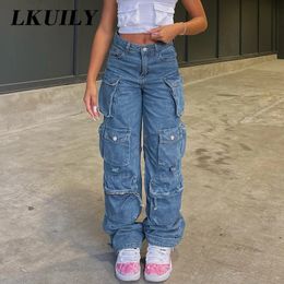 Women's Jumpsuits Rompers Casual Cargo Pants Middle Waist Vintage blue Loose Streetwear Baggy Multiple Pockets Jean Hip Hop Y2K Straight Trousers 231213