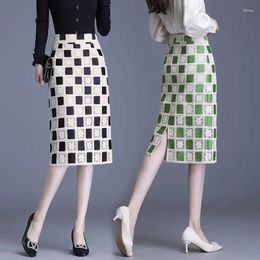 Skirts 2024 Spring Korean Style Women High Waist Casual Straight Skirt Plaid Patchwork Lace Hollow Out Knee-length P337