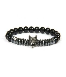 New Men Silver Bracelet Bangles Whole 10pcslot Stainless Steel Wolf Bracelets With 8mm Stone Beads Beaded Jewelry For Gift1768161