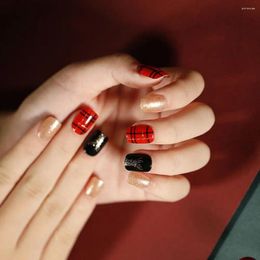 False Nails 24pcs Manicure Nail Tips Black Red Gold Mix Color Square Short Christmas Fake