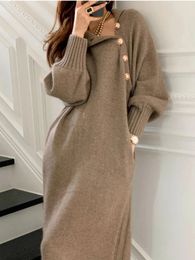 Urban Sexy Dresses Vintage Turtleneck Buttons Long Sleeve Winter Fashion Casual Loose Knitwear Warm Women Knitted Dress Black Apricot 231213