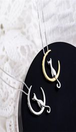 Fashion Cute Animal Cat Moon Pendant Necklace Lucky Kitten Pet Jewellery For Women Gift Charm Silver Colour Box Chain Necklace8997231