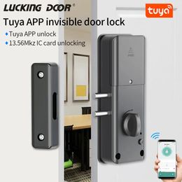 Door Locks Smart Tuya App IC card Lock For Wooden Bluetooth Electronic No Drill Indoor Concealed Installation 1356Mhz 231212