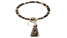 Leopard Print PU Leather Keychain Bracelet Bangle Keyring Circle Key Ring Leather Tassel Bracelet Holder Fashion Jewelry3175797