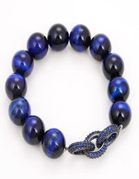 GuaiGuai Jewelry 14mm Round Blue Tiger Eye Cz pave Ring Chain Connector Stretch Bracelet Handmade For Women Real Lady Fashion Jewe5045731