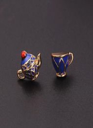 Stud 10pcslot Vintage Colourful Enamel Teapot Teacup Women Earrings Highquality Gold Colour Brass Asymmetric Earring9461813