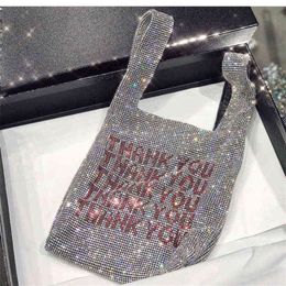 Nxy Handbag Thank You Sequins Bags Women Small Tote Crystal Bling Fashion Lady Bucket Vest Girls Glitter Purses Brand 0214242p