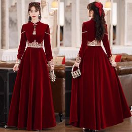 Ethnic Clothing Winter Velvet Burgundy Toast Clothes Elegant Retro Vintage Wedding Bride Engagement Dress Traditional Mandarin Collar Gown