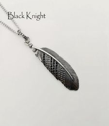 Black Knight Vintage silver color Black CZ stones Feather pendant necklace Stainless steel mens chic feather necklace BLKN07798236787