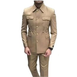 Ethnic Clothing Costume Homme Gold Button Safari Men Suits 2 Pieces Wedding Party Groom Closure Collar Slim Fit Business Blazers 231212