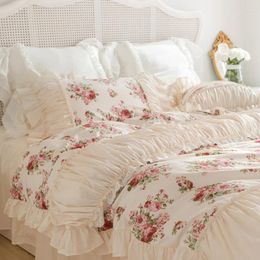 Bedding Sets Rose Printing Princess Luxury Pleated Ruffle Lace Duvet Cover Cotton Bed Skirt Bedspread Pillowcases