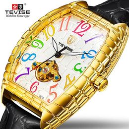 TEVISE Men Square Dial Design Automatic Watch Leather Strap Mechanical Watch Tourbillon Sport Military Clock264Z