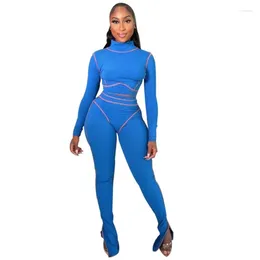 Women's Two Piece Pants 2 Set Fall Fashion Solid Tight High Neck Line Long Sleeve Tops And Matching Casual Tracksuit Outfits