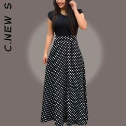 Basic Casual Dresses C Summer Short Sleeve ONeck High Waist Polka Dot Print Patchwork Long Dress Robe Boho Beach Maxi Sundress 231212