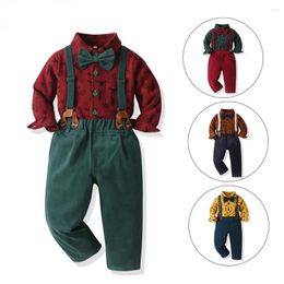 Men's Suits Boy Suit 2 Piece Christmas Green Printed Cardigan Boys' Suspender Pants Lapel Bow For Wedding Party Banquet Set