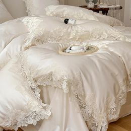 Bedding sets Romantic French Wedding Chic Flowers Lace Edge Woman Bedding Set 1000TC Egyptian Cotton Girl Duvet Cover Bed Sheet Pillowcases 231212