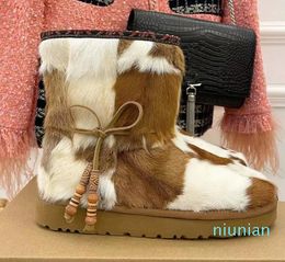 Luxury Horse hair Snow boots sexy winter 100% leather cold protection Beaded decoration casual shoes comfortable Round head thick bottom boots