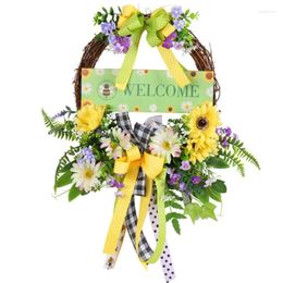 Decorative Flowers Yellow Flower Wreath For Front Door With Welcome Sign Spring Wall Window Farmhouse Porch Decoration Seasonal Decor