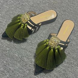 Sandals Sexy Pointed Toe Tassel Slingback Women Slippers Autumn 2023 Designer Fad Dress Flip Flop Mules Party Low Heels Slides 231212