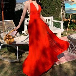 Casual Dresses Women Sexy Backless Split Bohemian Dress Summer Sleeveless Elastic Waist Beach Maxi Elegant Red Slip Club Night