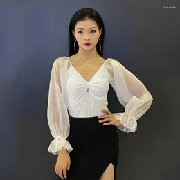 Stage Wear White Ballroom Dance Performance Clothes Women Lantern Sleeve Tango Costume Waltz Standard Dancing Tops DL11367