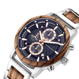 New Men Watch Fashion Waterproof Handmade Pure Wood Leisure Sports Gifts Chronograph Wood Wristwatch2217