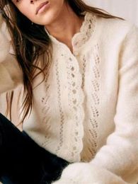 Women's Knits Women Lace Stitching Sweater Mohair Wool Temperament Hollow Out Long Sleeve Female Knitted Cardigan 2023 Autumn