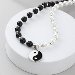 Necklaces For Women Tide Hip-hop Personality And White Pearl Pendant Yin Yang Tai Chi Bagua Necklace Chain Chokers256V