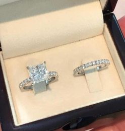 Wedding Rings 2pcsset Women Princess Couple Gold Silver Square Cut CZ Ring Sets Cubic Zirconia Bridal Jewelry Engagement9849592