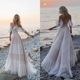 Wedding Dresses Spaghetti Straps Lace Appliques Summer Bridal Gowns Sexy Backless Beach A-Line Wedding Dress Robe De Mariee