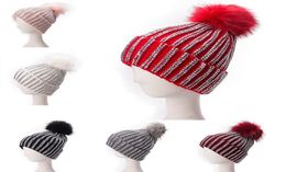 Ladies Faux Fur Large Pom Pom Rhinestones Beads Beanie Skull Slouchy Cap Warm Knitted Ski Hat A4698681652