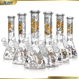 10 Inches Decals Beaker Bong Hookah Glass Water Pipe Ice Pinch Cartoon Pattern 14mm Bowl Downstem Accessories Mixed Colours