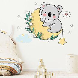 Cartoon Cute Koala Moon Green Leaves Wall Stickers for Kids Room Baby Nursery Room Wall Decals Home Decorative Stickers Murals