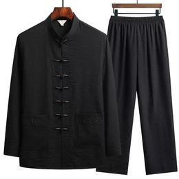 Ethnic Clothing Chinese Traditional Set Man Fall Linen Buckle Kung Fu Shirt Oriental Retro Top Pants Tai Chi Breathable Uniforms Hanfu 231212