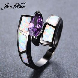 JUNXIN Boho Female Male White Blue Fire Opal Rings For Women Black Gold Filled Pink Purple Zircon Marquise Ring Wedding Jewelry201j