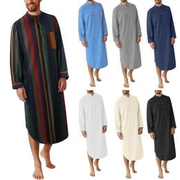 Men's Casual Shirts Men Muslim Arab Long Robe Autumn Spring Half Button Striped Male Shirt Dress Abaya Jubba Thobe Camisas