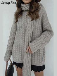 Women Loose Cable Knitted Sweater With Scarf Female Fashion Thick Long Sleeve Warm Pullovers Lady Casual Street Knitwear