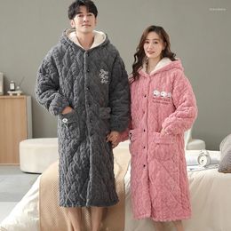 Women's Sleepwear Couple Bathrobe Winter 3 Layer Clip Cotton Pyjamas Set Loose M-3XL Women And Men Robe Homewear