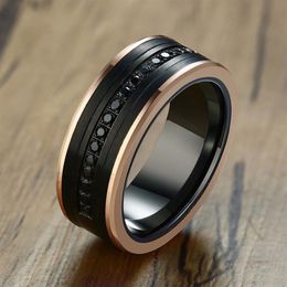 8MM Tungsten Carbide Men Eternity Rings Two Tone Luxury Black CZ Stone Rose Gold Side Wedding Band Men Super Jewellery C181228011535