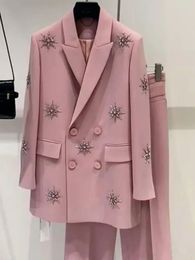 Women's Suits Blazers 2023 Autumn Women Pink Blazer Double breasted Beaded Suit Jacket Two piece sets Stylish Female Clothes Y4403 231212