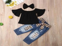 3pcs Kleinkind -Baby -Mädchen Kleidung Sets Offshoulder Tops T -Shirt Leopard Jeans Hose Stirnband Sommer Set8452635