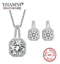 YHAMNI Solid 925 Sterling Silver Wedding Jewellery Sets for Women Princess Cubic Zircon Pendant Necklace Stud Earrings Sets TZ0097935625