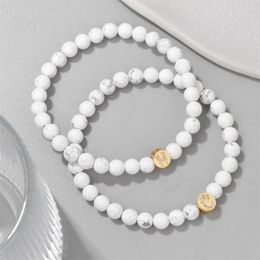 Strand 26 Letters Initial Charm Bracelet 6mm Round White Howlite Turquoises Beads Bracelets Adjustable For Women Men Friendship Jewelry