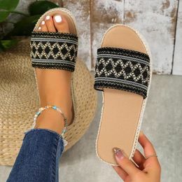 Slippers Women Knitting Platform Flats Slides 2024 Summer Designer Slingback Sandals Brand Outdoor Bohemian Flip Flops Mujer