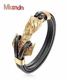 whole MKENDN New Mens Bracelets Gold Leo Lion Stainless Steel Anchor Shackles Black Leather Bracelet Men Wristband Fashion Jew8874381