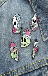Pins Brooches Living Skeleton Enamel Pins Custom Rose Cats Skull Dagger Brooch Lapel Badge Bag Punk Gothic Jewelry Gift For Frien7422599
