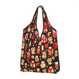 Shopping Bags Reusable Japanese Dolls Pattern Bag For Groceries Foldable Kokeshi Grocery Washable Large Tote