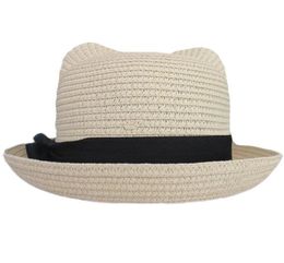 Women039s Girl039s Vintage Cat Ear Bowler Straw Hat Sun Summer Beach Rollup Bowknot Cap29891351796820